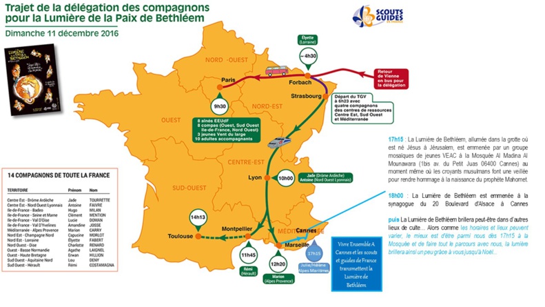 LES SCOUTS ET GUIDES DE FRANCE - VIVRE ENSEMBLE A CANNES ET LES JEUNES TRANSMETTENT LA LUMIERE DE BETHLEEM DANS DIFFERENTS LIEUX DE CULTES