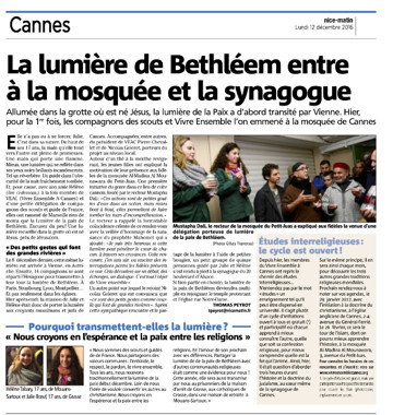 LA LUMIERE DE BETHLEEM BRILLE A CANNES DANS 3 LIEUX DE CULTE : Mosquée - Synagogue - Chapelle... jusqu'à Noël !!!