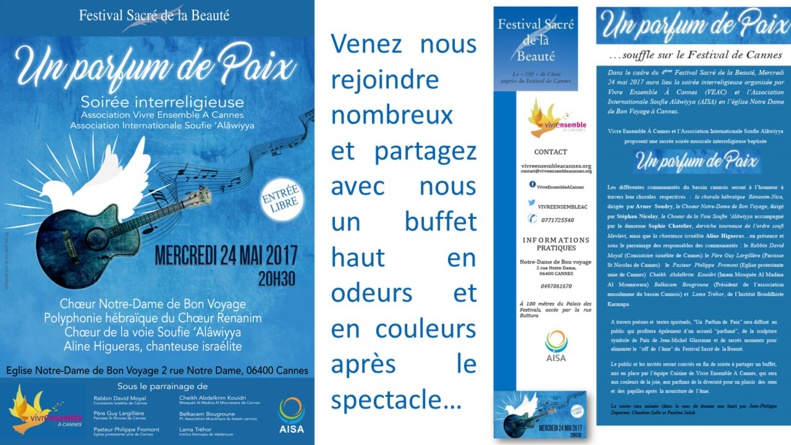 FESTIVAL SACRE DE LA BEAUTE - Mercredi 24 mai 2017 - PARFUMS DE PAIX Soirée interreligieuse Vivre Ensemble A Cannes et Association Internationale Soufie 'Alawiyya