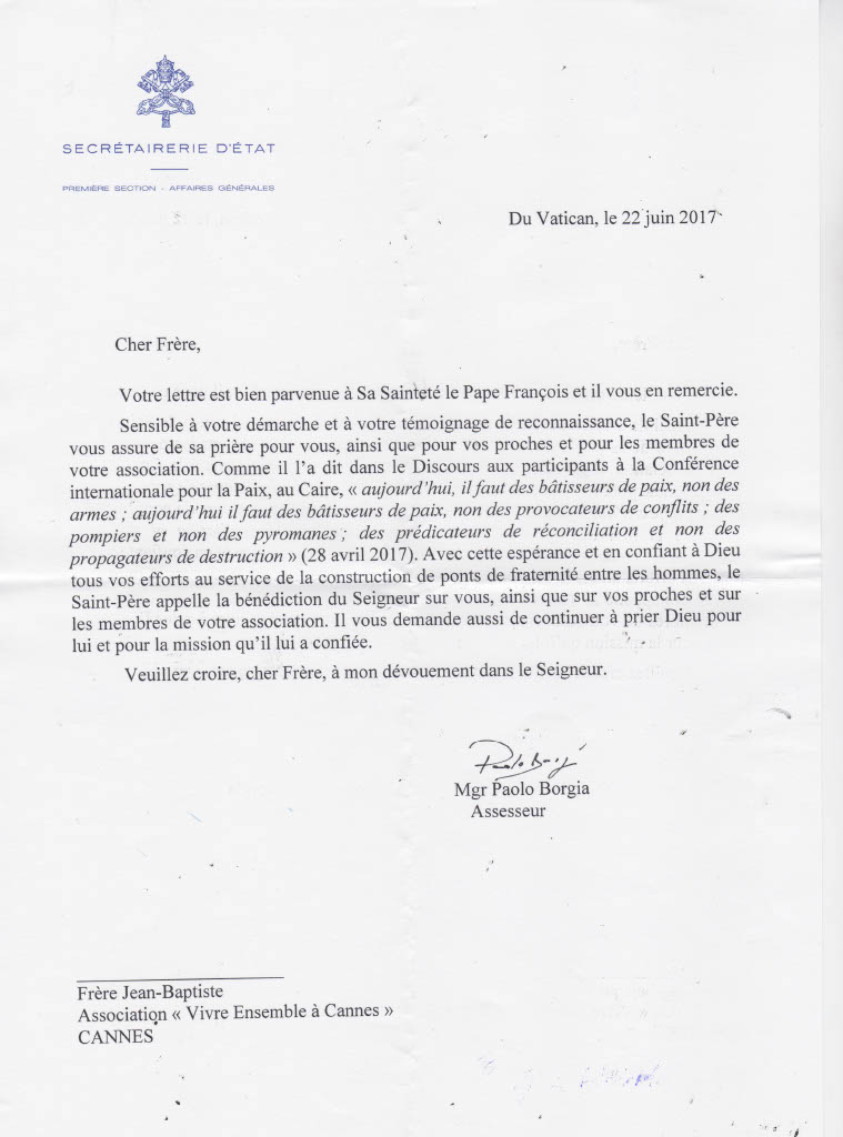 Le Pape François encourage le “Vivre Ensemble à Cannes” ! Le Pape François encourage le “Vivre Ensemble à Cannes” !