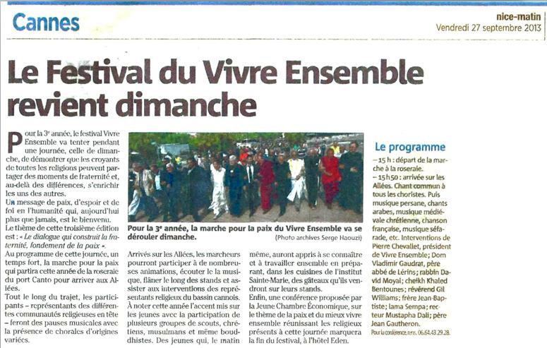 Nice Matin annonce le 3ème Festival "Vivre ensemble à Cannes" Dimanche 29 septembre
