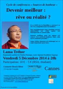 Bouddhisme : Conférence de Lama Tréhor au Croisette Beach Hôtel à Cannes le 5 Décembre...