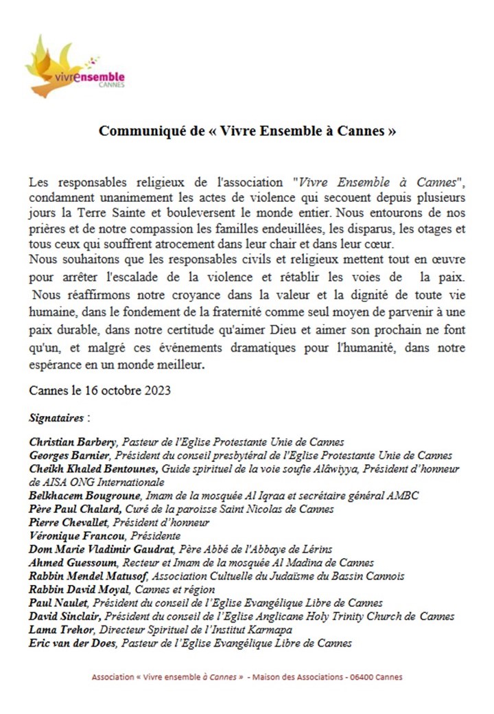 Communiqué du Vivre Ensemble A Cannes