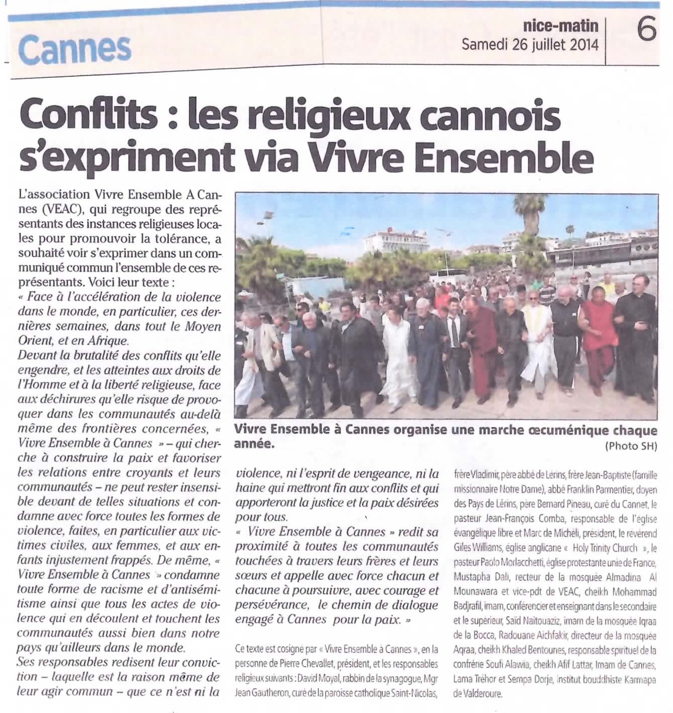 Conflits : Les religieux cannois s'expriment via "Vivre Ensemble A Cannes" dans Nice Matin...