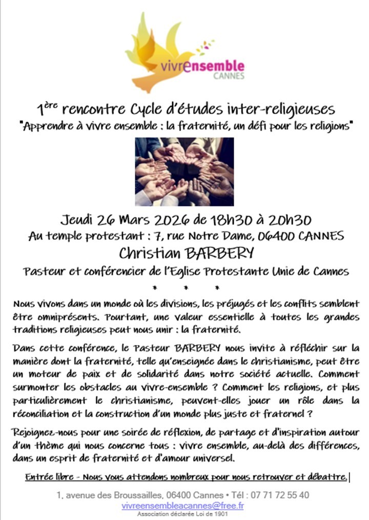 1er Cycle Inter-religieux "Apprendre à vivre ensemble : la fraternité, un défi pour les religions" Jeudi 26 Mars 2026